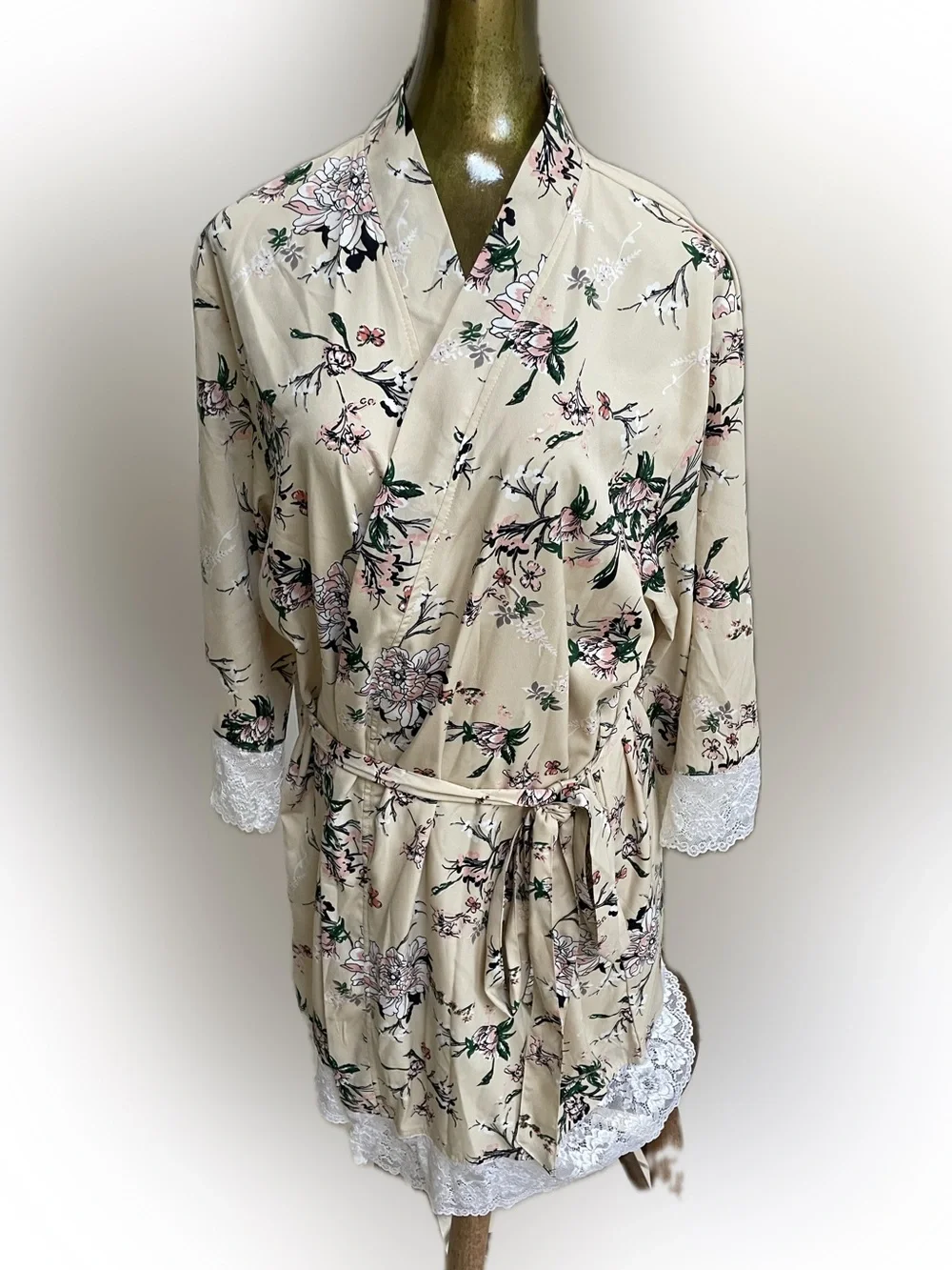 Beautiful Silken Floral Rose & Cream wrap robe with green accents, & lace trim